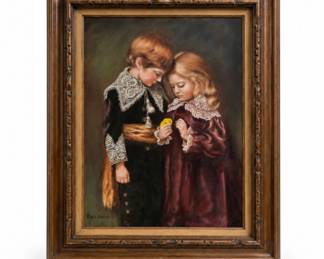 52 SignedMeikoHayesFramedPortraitofChildrenOilPainting