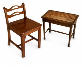 107 AntiqueLadderBackChairCaneTopSideTableSet