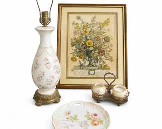 129 VintageFloralPorcelainLampEnglishVanitySet