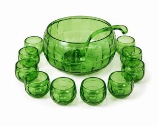 164 VintageEmeraldGreenPunchBowlSetwCupsLadle