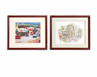 131 PairVintageFramedEuropeanVillageArtPrints