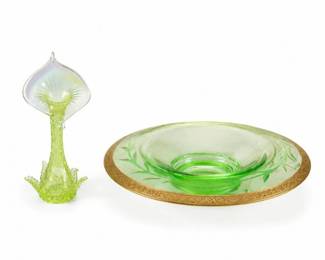3 UraniumGlassConsoleBowlJackinPulpitVaseSet