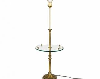 165 VintageBrassFloorLampSideTableGlassShelfRegencyStyle