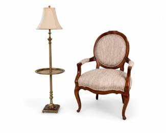 134 VintageLouisXVIAccentChairBrassFloorLampSet
