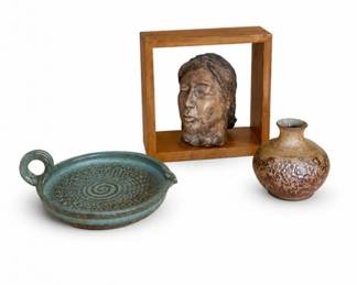 61 SignedStudioPotteryArtTrioSculptureVaseDishSet