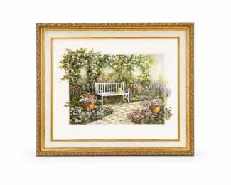 168 VintageFramedGardenBenchFloralLandscapePrintWallArt