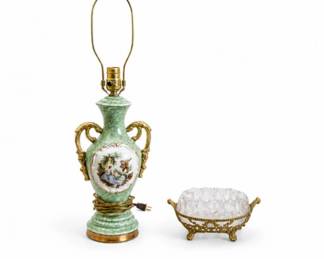 110 AntiquePorcelainTableLampCrystalBowlVanitySet