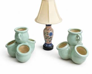 146 AsianFloralTableLampTripleCeramicPlanters