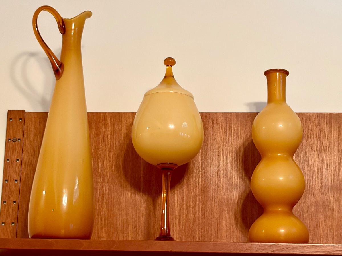 Yellow-Amber Empoli Art Glass. Circus Tent Lid Jar