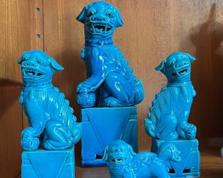 Vintage Chinese turquoise- glazed ceramic and porcelain foo dog figurines