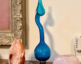 Vintage mid-century Viking art glass, carnelian agate crystal carved into a flame freeform shape,  natural rose quartz polished candle holder