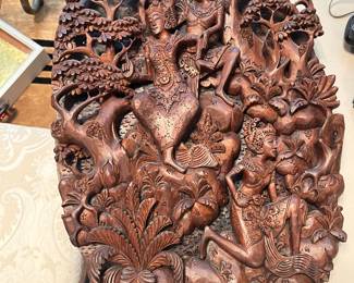 Vintage Balinese deep-relief  hand carved wooden wall panel from Indonesia