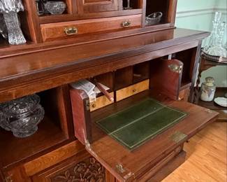 Antique Oak Secretary Hutch with Carved Doors second image