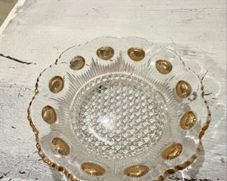 Vintage EAPG Manhattan Pattern Clear Glass Bowl with Gold Gilt Accents