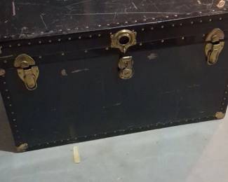 Vintage Black Steamer Trunk with Brass Hardware