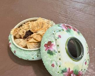 Vintage Hand Painted Porcelain Hair Receiver Jar second image