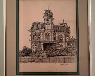 John E. Jackson Victorian House Pen and Ink Drawing