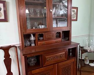 Antique Oak Secretary Hutch with Carved Doors