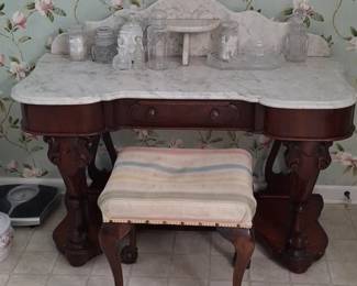 Victorian Mahogany Marble Top Dressing Table with Stool