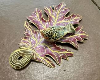 Vintage Cloisonn Bird on Leaf Figurine