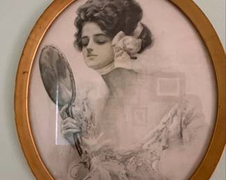 Vintage Harrison Fisher The Mirror Print in Oval Frame