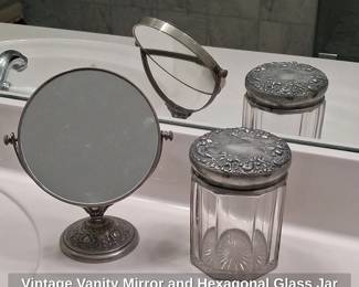 Vintage Vanity Mirror and Hexagonal Glass Jar with Repouss SilverPlated Lid