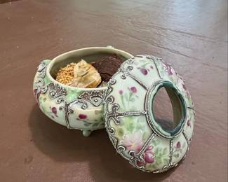 Nippon Porcelain Moriage Hair Receiver with Metal Overlay second image