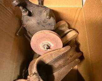 Vintage Hand Crank Bench Grinder and Wood Pulley