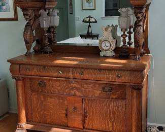 Victorian QuarterSawn Oak Sideboard with Griffin Carvings and Mirror