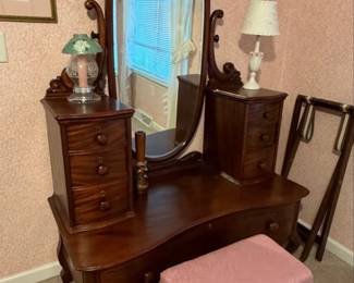 Vintage Mahogany Vanity with Mirror and Bench