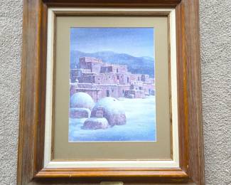 James Fields “Pueblo Winter” Taos New Mexico Lithograph – Framed Southwestern Art