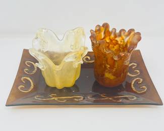 -Vintage Italian Art Glass- Ruffled, Scalloped Rim Votive Candleholders- Plus a Brown Tray with Gold Scrollwork