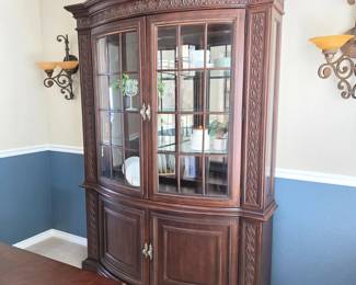Bernhardt Bow Front 2-Pc Lighted China Cabinet w/ Carved Detail & Glass Shelves - Furniture