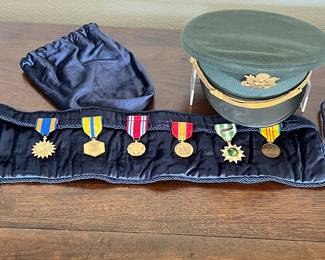 U.S. Army Officer Dress Uniform Cap with 6 Military Service Medals, Medal Display Case & Storage Bags
