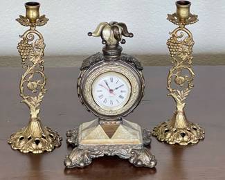 Ornate Brass & Silver-Tone Mantel Clock and Coordinating Candlesticks