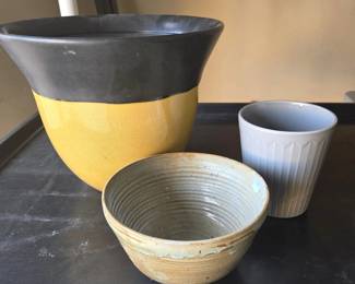 Trio of Decorative Ceramic Planters – Large Yellow & Black, Studio Pottery & Gray