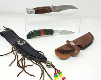 Pair of Custom Fixed Blade Knives with Decorative Handles & Leather Sheaths
