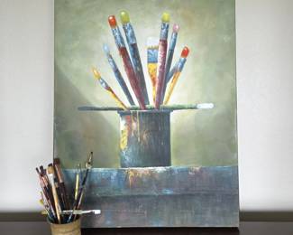 Ballard Designs 30" x 40" Artist’s Paintbrush Canvas with Pottery Brush Holder & Brushes