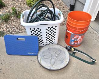 Garden & Yard Care Lot – Hose, Oscillating Sprinkler, Plant Caddy, Kneeling Pad & Buckets