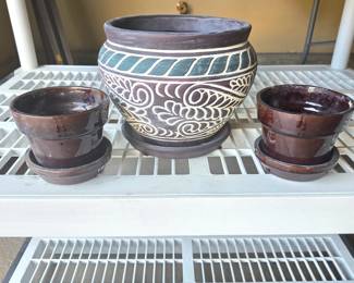 Set of 3 Decorative Ceramic Planters with Saucers