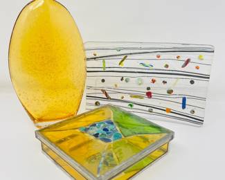Modern Glass Art- Oval Shaped Amber Bubble Vase, Handcrafted Fused Confetti Glass Tray, & Mosaic Trinket Box