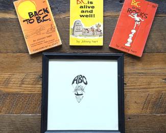 -Johnny Hart B.C. Original Signed Cartoon Artwork with 3 Vintage B.C. Books