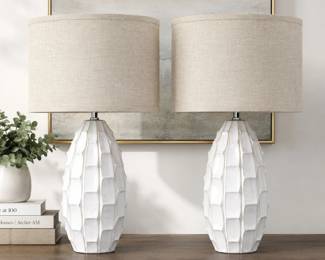 Pair of 32" White Sculptural Ceramic Table Lamps with Linen Shades