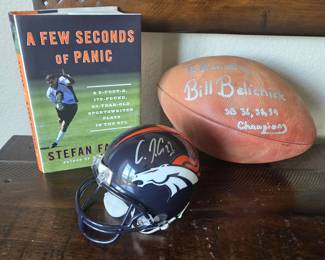 Bill Belichick Signed Football & C.J. Anderson Signed Broncos Mini Helmet with Book