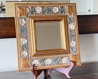 Small Decorative Wall Mirror Square 14” - Gold with Floral Motif