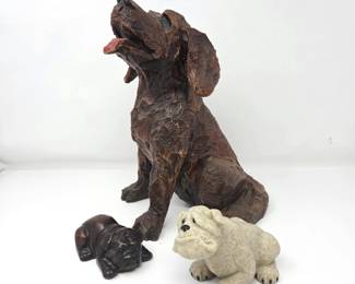 Heavy Carved Dog Doorstop with Two Bulldog Figurines - Decor