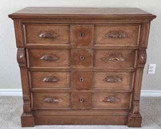 19th Century Antique Carved Wood 4-Drawer Chest with Hand-Cut Dovetails