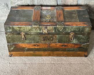 Antique-Style Metal-Clad Travel Trunk with Copper & Brass, Ornate Brackets & Hardware, Original Wood Interior & Key