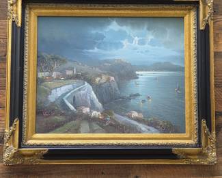Signed Jayne Original Oil on Canvas Coastal Village Landscape – Ornate Gilt Frame - Wall Art
