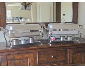 Set of 2 Ornate Stainless Steel Chafing Dishes with Fuel Holders – 22" x 14" - Entertaining